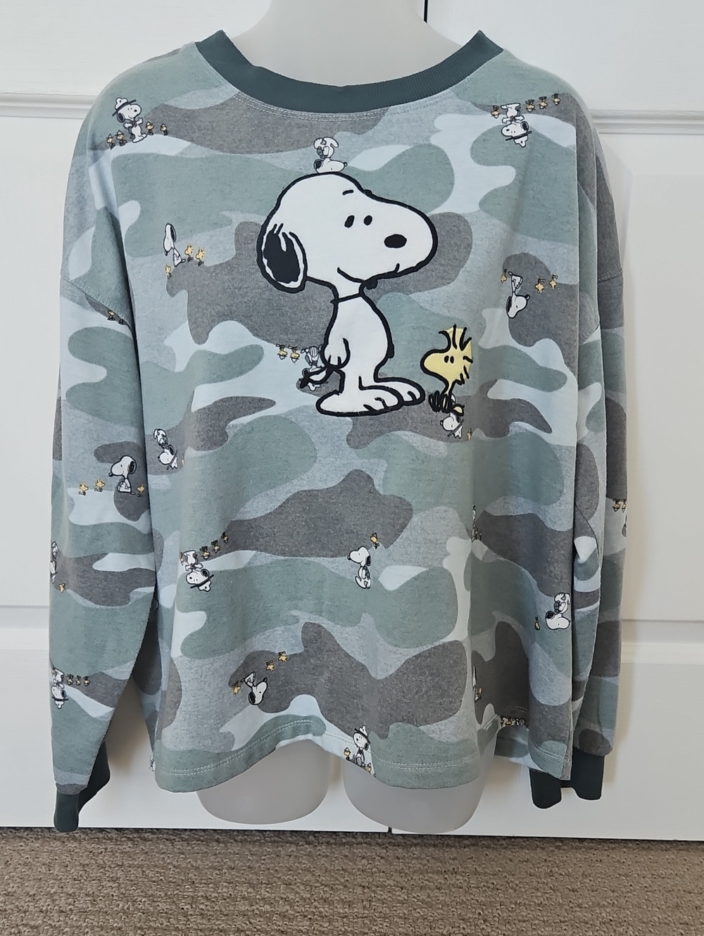 Ladies Peanuts Snoopy & Woodstock Camouflage Crewneck Fleece Lined Sweatshirt